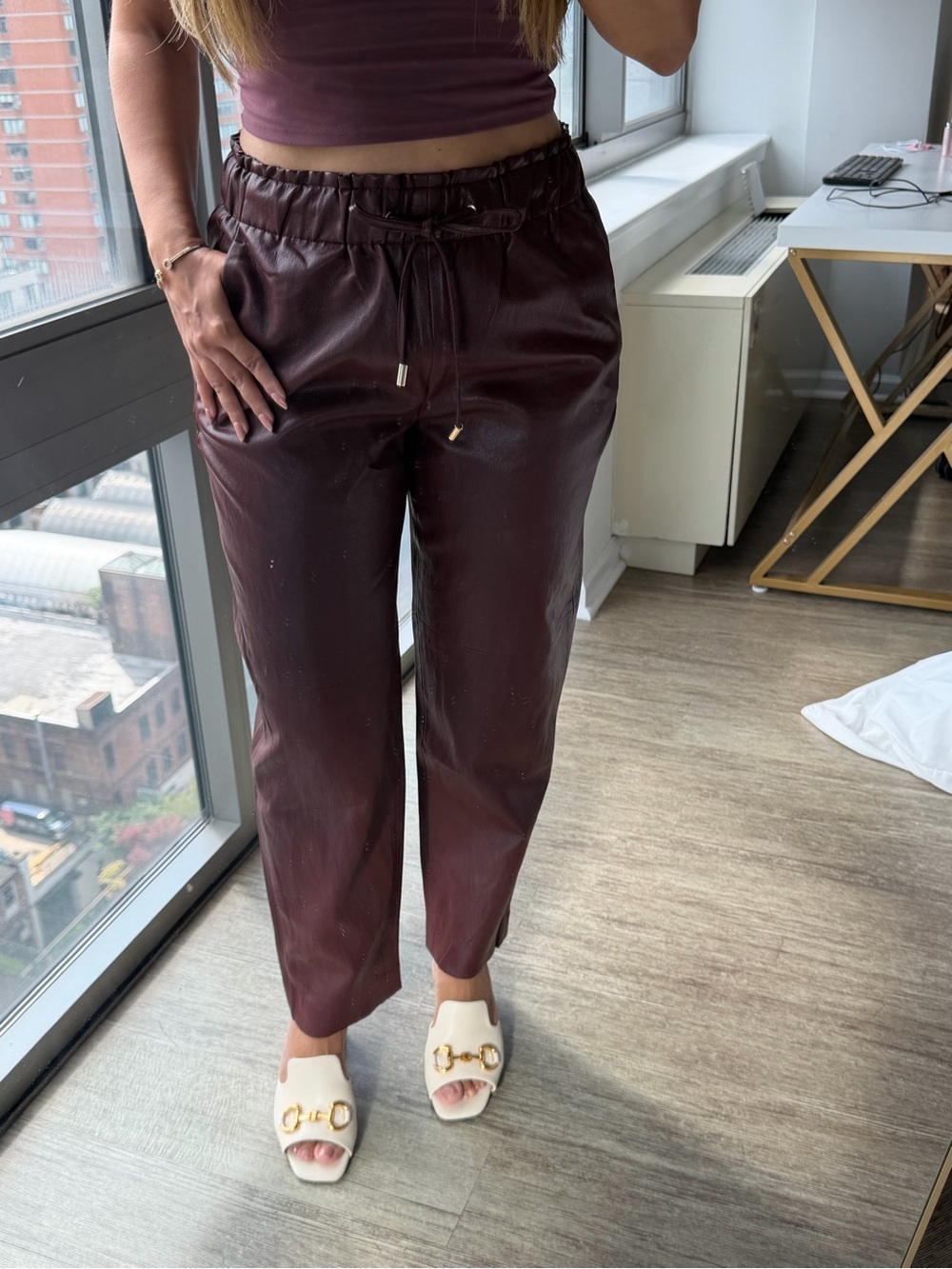 Zara Straight-Leg Faux Leather Pants in Deep Burgundy